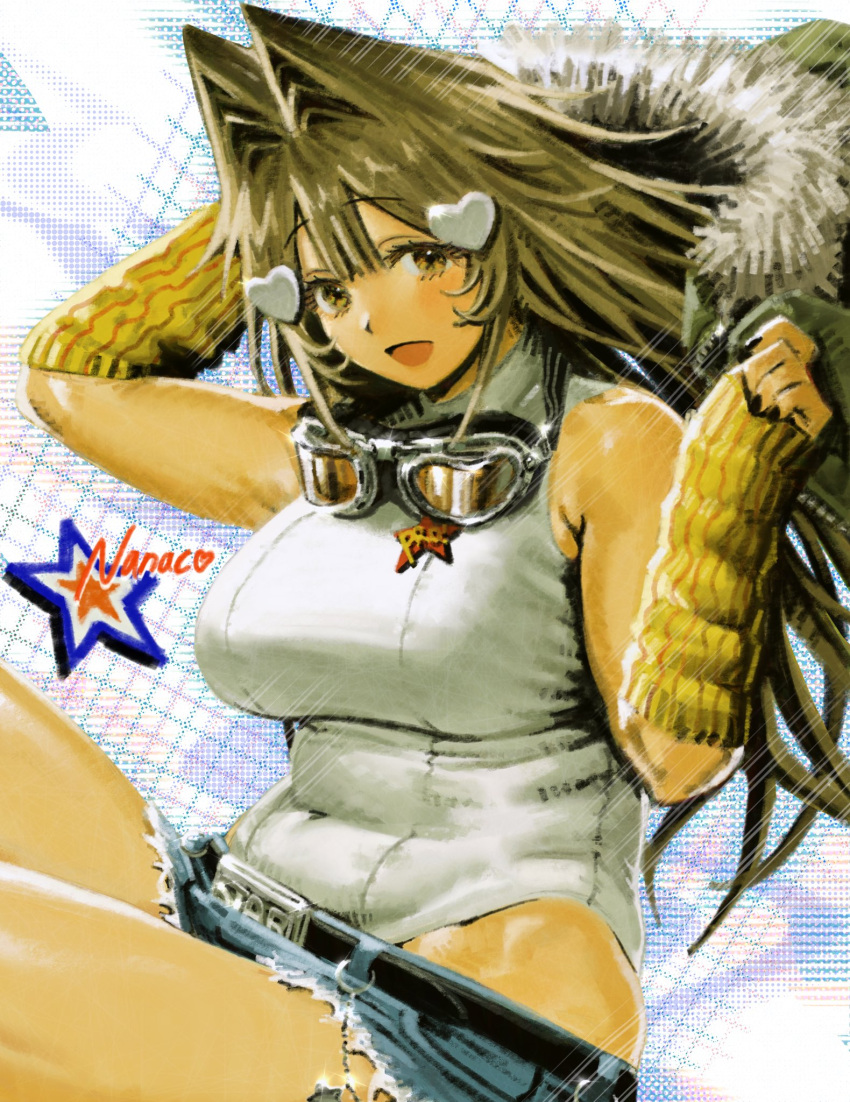 1girl belt black_belt black_nails breasts brown_eyes brown_hair character_name covered_navel cowboy_shot denim denim_shorts glint goggles goggles_around_neck hair_ornament heart heart_hair_ornament highres hott0g111 large_breasts long_hair looking_at_viewer micro_shorts nanaco_(hott0g111) open_mouth original shorts sleeveless smile solo yellow_arm_warmers