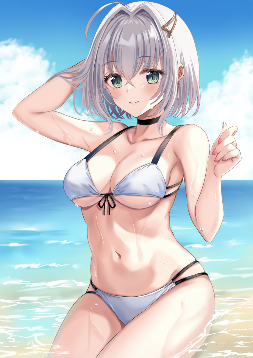 1girl absurdres bangs beach bikini black_choker blue_sky breasts choker cloud day earrings eyebrows_visible_through_hair green_eyes hair_between_eyes harimoji has_bad_revision has_downscaled_revision highres jewelry kazuki_mikuru looking_at_viewer md5_mismatch navel ocean outdoors propro_production resolution_mismatch sitting sky solo source_smaller swimsuit virtual_youtuber wet white_bikini