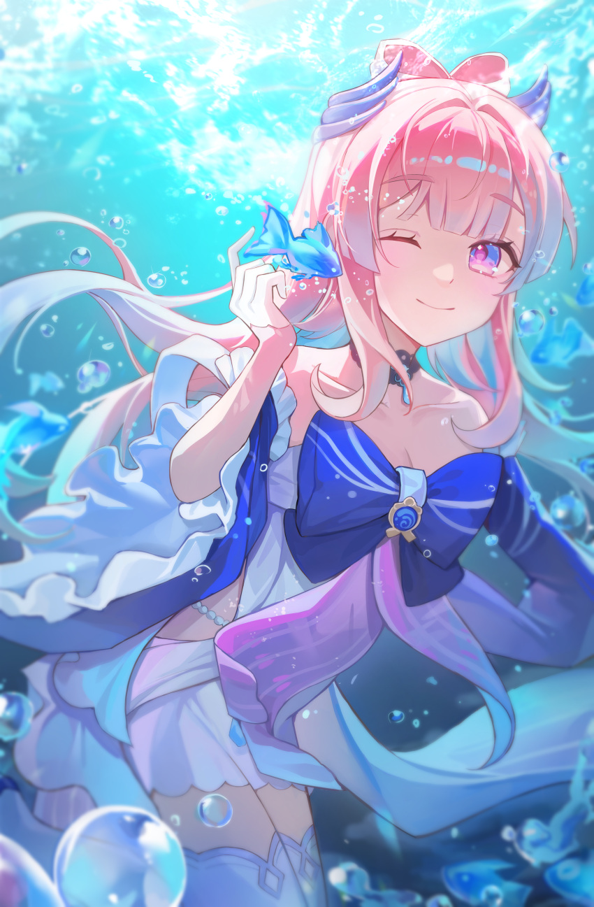 1girl ;) absurdres bare_shoulders blue_bow bow commentary dress genshin_impact hair_intakes hand_up highres long_hair off-shoulder_dress off_shoulder one_eye_closed pink_hair purple_eyes sangonomiya_kokomi shorts smile solo thighhighs underwater very_long_hair white_shorts youwon0417