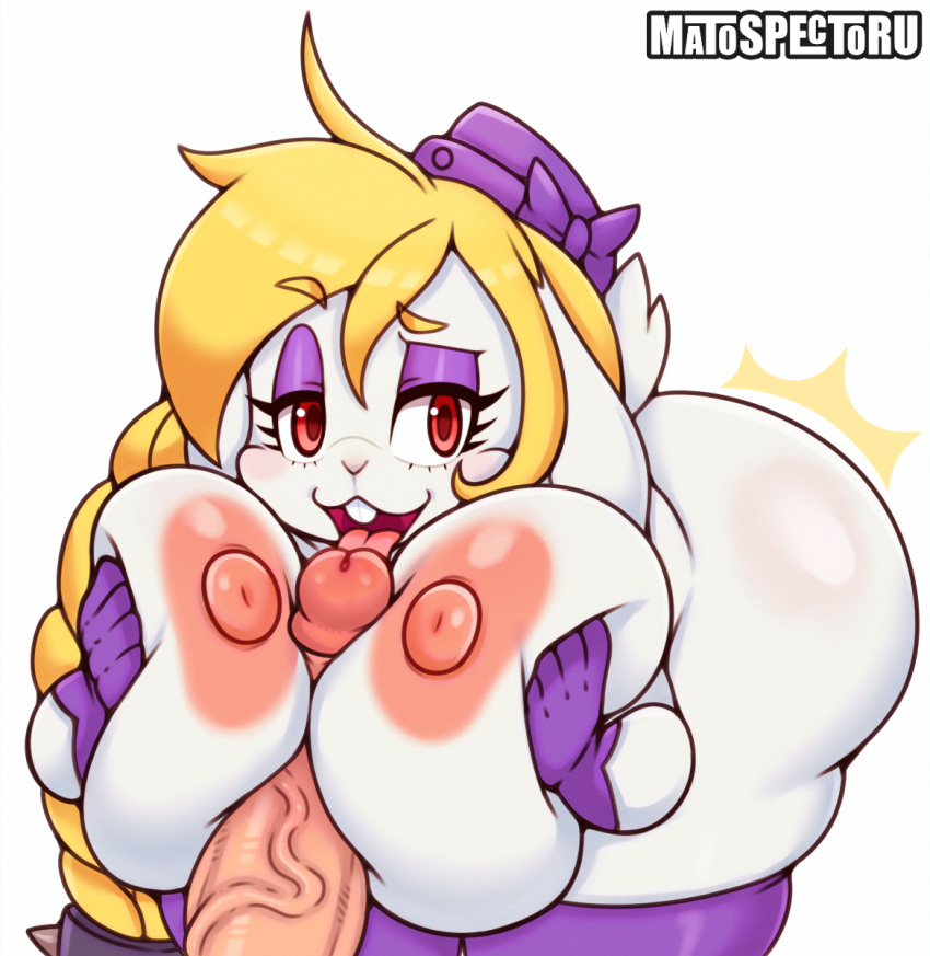 anthro areola bent_over big_breasts blonde_hair breast_play breasts broodal clothing female genitals hair hariet_(mario) hi_res huge_breasts lagomorph legwear leporid licking male male/female mammal mario_bros matospectoru nintendo nipples oral penile penis penis_lick rabbit sex super_mario_odyssey thigh_highs titfuck tongue vein veiny_penis white_body