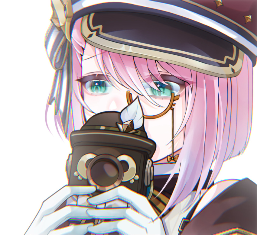 1girl cabbie_hat camera charlotte_(genshin_impact) commentary genshin_impact gloves green_eyes hat highres holding holding_camera monocle pink_hair portrait red_hat rui_(sa0w) short_hair simple_background solo white_background white_gloves