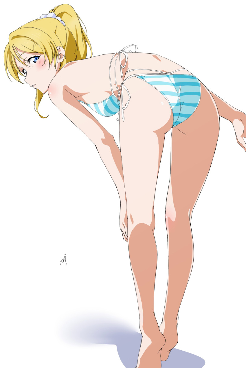 1girl absurdres aqua_bikini ass ayase_eli barefoot bikini blonde_hair blue_eyes commentary full_body highres leaning_forward long_hair looking_at_viewer looking_back love_live! love_live!_school_idol_project nagi_mkrnpn ponytail side-tie_bikini_bottom simple_background solo striped_bikini striped_clothes swimsuit white_background