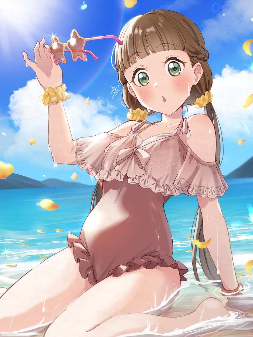 1girl :o absurdres birthday blue_sky blush brown_hair cloud cloudy_sky collarbone commentary green_eyes highres holding holding_removed_eyewear kyaku_tasu long_hair looking_at_viewer love_live! love_live!_superstar!! low_twintails one-piece_swimsuit rainbow sakurakoji_kinako signature sky solo star-shaped_eyewear star_(symbol) sunglasses sunlight swimsuit twintails unworn_eyewear