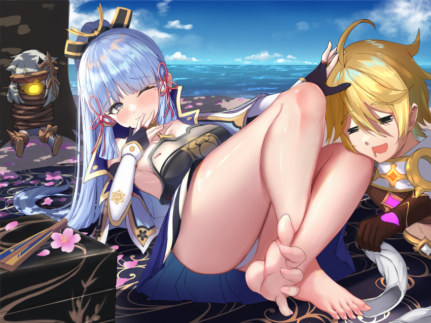1boy 2girls ;) =_= absurdres aether_(genshin_impact) ahoge armor bad_feet bangs bare_legs black_gloves blue_eyes blue_hair blue_sky blunt_bangs blush bound breastplate commentary day dress drooling feet fingerless_gloves genshin_impact gloves hair_ornament hand_fan happy hetero highres kamisato_ayaka mole mole_under_eye multiple_girls ocean one_eye_closed open_mouth paimon_(genshin_impact) pervert ponytail removing_sock restrained scarf shiny shiny_hair shirocharin sky smile soles thighs tied_up_(nonsexual) toes vambraces