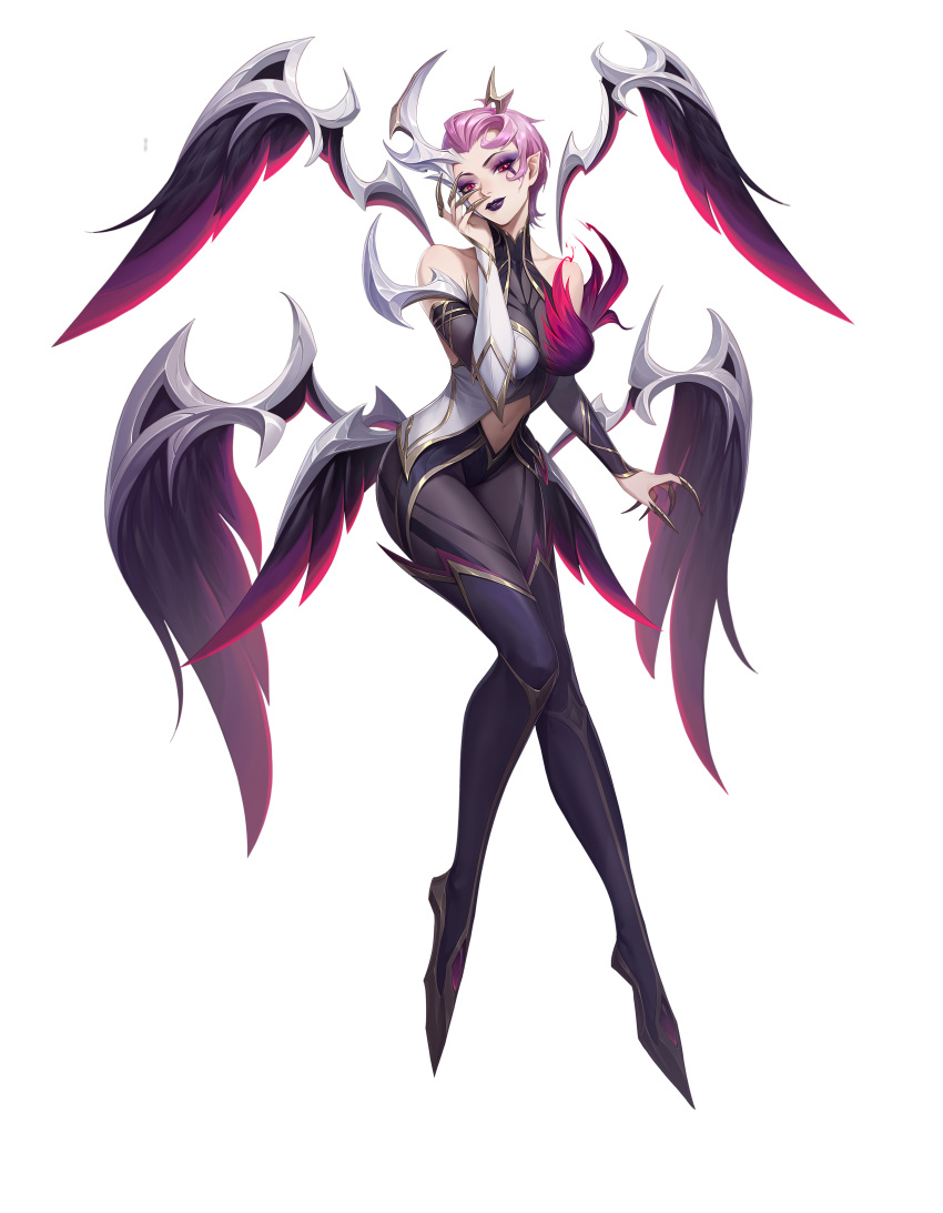 1girl absurdres bare_shoulders breasts claws clothing_cutout coven_elise detached_sleeves elise_(league_of_legends) eyeshadow highres league_of_legends looking_at_viewer makeup medium_breasts navel navel_cutout official_alternate_costume pink_hair pointy_ears purple_eyeshadow purple_lips red_eyes rekaerb_maerd short_hair solo transparent_background