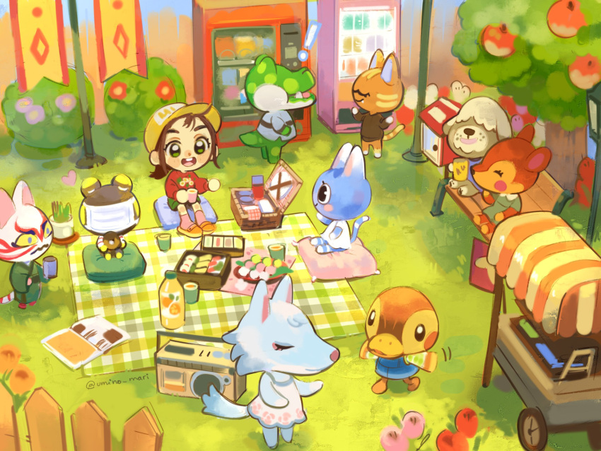 ! 4boys 6+girls :d ^_^ animal_crossing apple apple_tree artist_name baseball_cap basket bench bento black_shirt blue_shirt book boots_(animal_crossing) bottle brown_hair bush can cat_boy cat_girl closed_eyes closed_mouth collared_dress commentary crocodile_boy cup cushion dango day deer_girl dog_boy doughnut dress duck_girl english_commentary eyelashes fang fang_out fauna_(animal_crossing) fence flag floral_print flower flower_pot food frog_boy fruit fruit_tree furry furry_female furry_male grass green_dress green_eyes green_kimono green_shorts hands_up hat heart highres holding holding_can holding_cup japanese_clothes juice kabuki_(animal_crossing) katt_(animal_crossing) kimono lamppost long_hair long_sleeves looking_at_another mask molly_(animal_crossing) mouth_mask multiple_boys multiple_girls newspaper_box on_bench open_book open_mouth orange_flower orange_footwear orange_juice outdoors picket_fence picnic picnic_basket pink_flower pink_socks plant plate ponytail potted_plant purple_flower raddle_(animal_crossing) radio red_flower red_shirt rosie_(animal_crossing) sanshoku_dango shep_(animal_crossing) shirt shoes short_sleeves shorts sidelocks sitting sleeveless sleeveless_dress smile socks standing stereo striped_clothes striped_shirt surgical_mask teeth tree twitter_username u_u umino-mari upper_teeth_only vending_machine villager_(animal_crossing) wagashi white_dress white_mask white_shirt whitney_(animal_crossing) wide_sleeves wolf_girl wooden_fence yellow_eyes yellow_hat