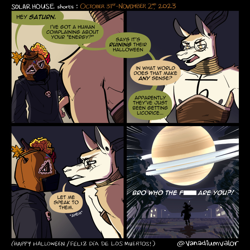 1:1 antelope anthro biped bovid clothed clothing comic dialogue duo earth_(solar_house) english_text exclamation_point eyewear fur glasses halloween hi_res holidays horn human humor male mammal open_mouth saturn_(planet) saturn_(solar_house) solar_house spanish_text speech_bubble springbok text true_antelope vanadiumvalor