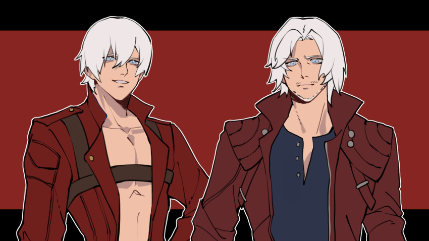 belt_bra bishounen blue_eyes closed_mouth coat dante_(devil_may_cry) devil_may_cry_(series) devil_may_cry_3 devil_may_cry_5 gloves hair_between_eyes highres looking_at_viewer lucistomato male_focus red_coat simple_background smile white_hair