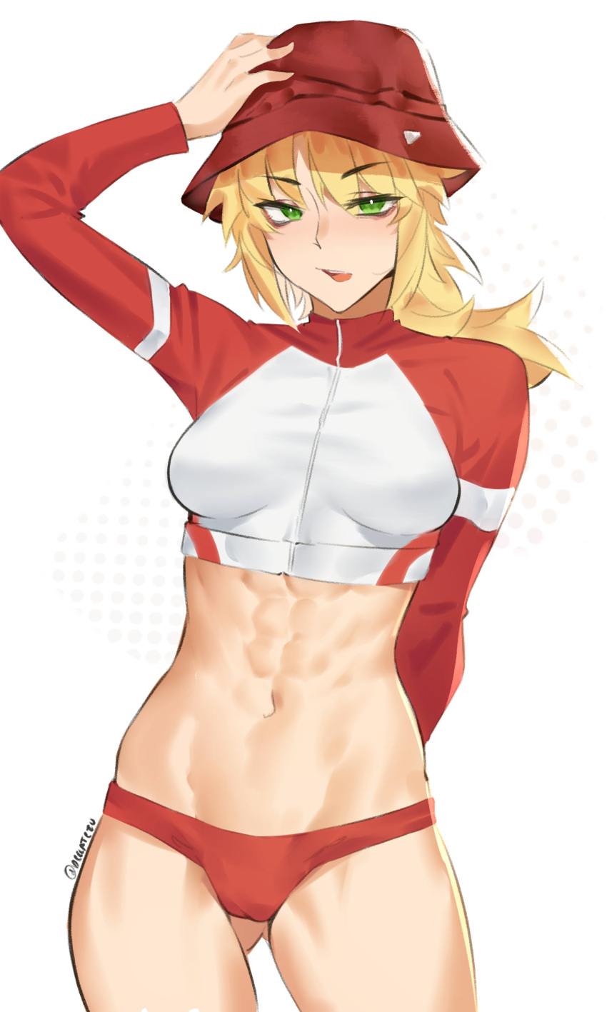 1girl abs absurdres alternate_color alternate_hairstyle arm_behind_back arm_up ass_visible_through_thighs bikini blonde_hair blue_archive breasts breasts_apart bucket_hat cameltoe commentary cosplay cowboy_shot deccatezu english_commentary eyeshadow fate/grand_order fate_(series) green_eyes groin hair_between_eyes halftone halftone_background hand_on_headwear hat highres long_hair long_sleeves low_ponytail makeup medium_breasts messy_hair mordred_(fate) navel open_mouth parted_bangs pink_eyeshadow ponytail rash_guard red_bikini red_hat saki_(blue_archive) saki_(blue_archive)_(cosplay) saki_(swimsuit)_(blue_archive) scowl sidelocks solo sports_bikini standing swimsuit teeth thighs toned turtleneck twitter_username two-tone_bikini upper_teeth_only v-shaped_eyebrows white_background white_bikini zipper