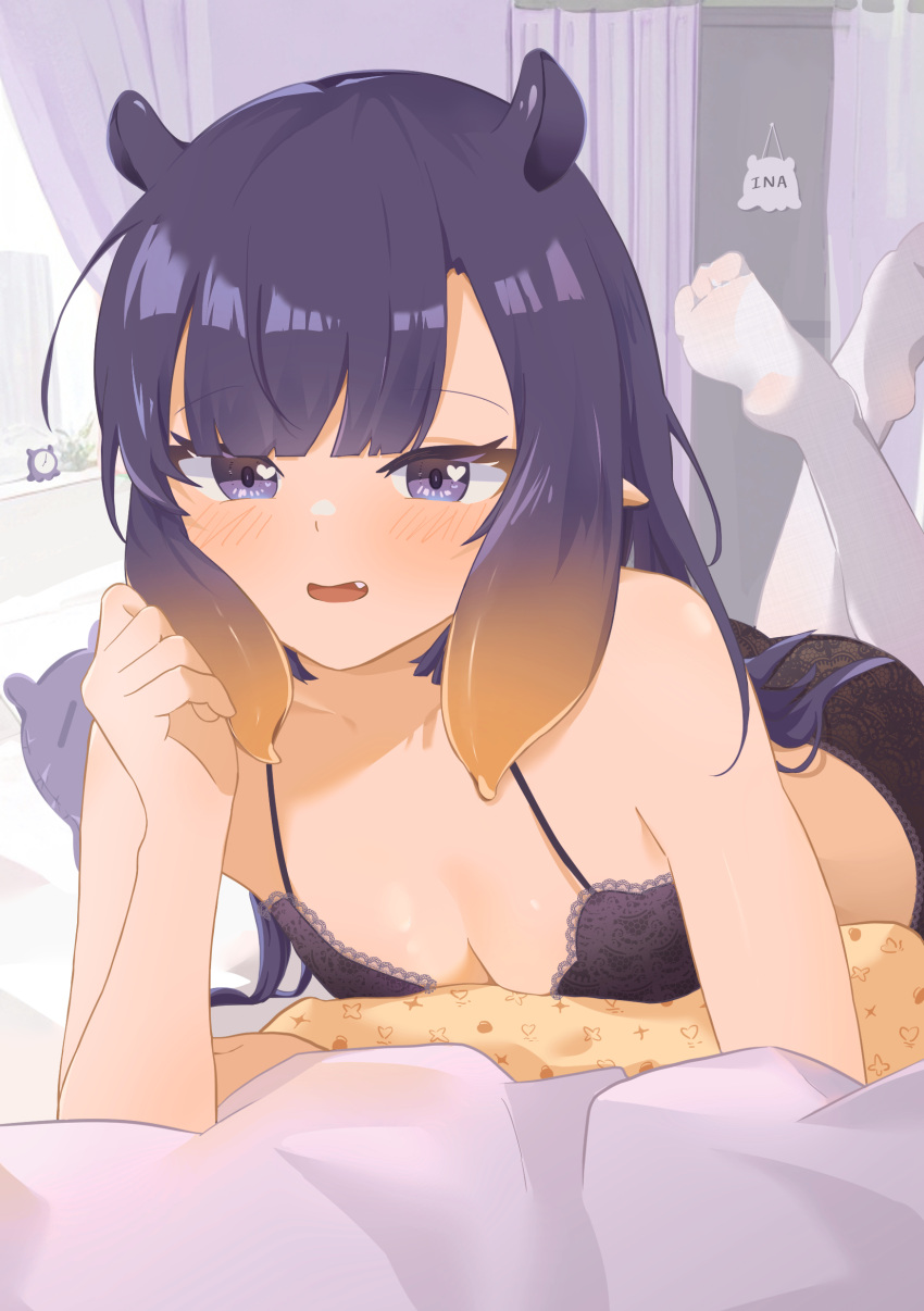 1girl 8_nana_usagi absurdres ass barefoot bedroom blush bra breasts camisole character_name cleavage curtains fang feet highres hololive hololive_english lingerie lying multicolored_hair ninomae_ina'nis on_stomach orange_hair purple_eyes purple_hair small_breasts smile socks tentacle_hair two-tone_hair underwear virtual_youtuber