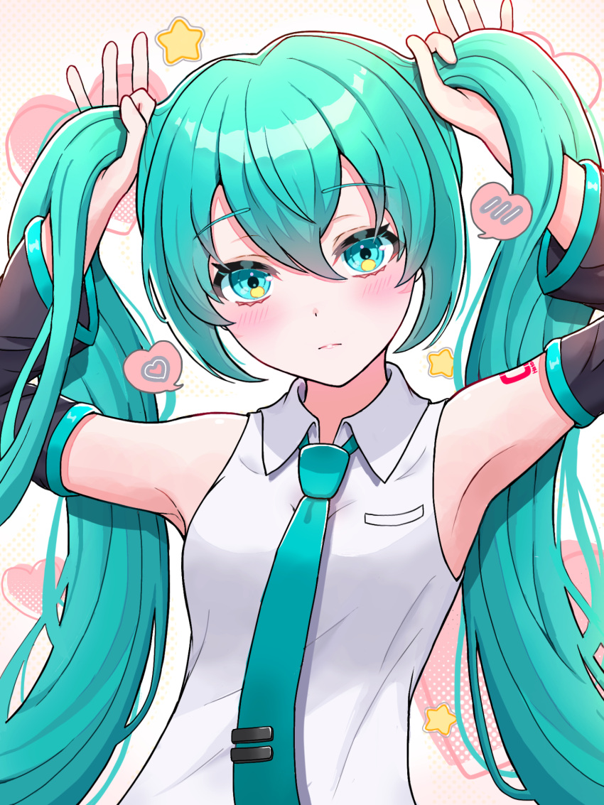 1girl :| aqua_eyes aqua_hair aqua_necktie arms_up breast_pocket bunching_hair closed_mouth collared_shirt dot_nose gradient_background hair_between_eyes hair_intakes hatsune_miku head_tilt heart highres holding holding_hair light_blush long_hair looking_at_viewer necktie number_tattoo pocket shirt shoulder_tattoo sidelocks simple_background spoken_blush spoken_heart star_(symbol) tattoo tie_clip twintails twintails_day upper_body uzuki_sena very_long_hair vocaloid white_background white_shirt