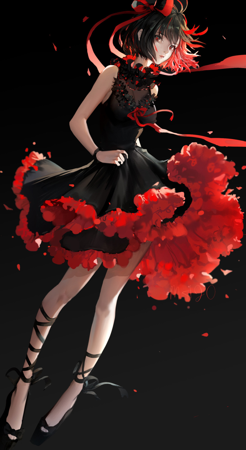1girl absurdres artist_name ballet_slippers bare_arms bare_shoulders black_background black_bracelet black_dress black_footwear black_hair bow breasts cleavage collar colored_inner_hair dress frilled_collar frilled_dress frills full_body gradient_background hair_bow hand_on_own_hip highres large_breasts lips looking_at_viewer medium_hair multicolored_hair neck_ribbon original parted_lips red_eyes red_hair red_petals red_ribbon ribbon see-through see-through_cleavage short_dress sideboob solo wind wind_lift yeonjun_park