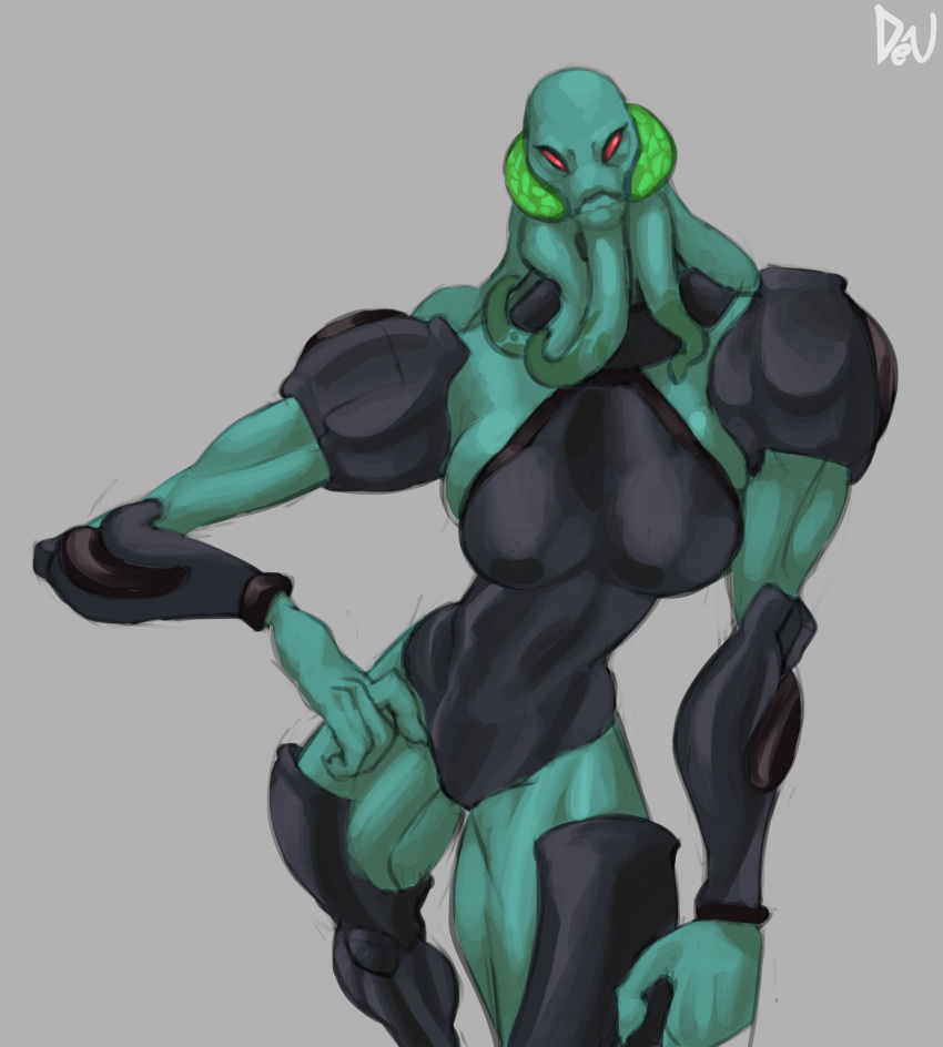 2023 4_fingers absurd_res alien artist_name bald ben_10 black_clothing breasts cartoon_network catheter cephalopod chimera_sui_generis closed_frown clothed clothing colored_sketch deu digital_media_(artwork) female fingers green_body green_skin grey_background hi_res looking_at_viewer marine medical_instrument mollusk mouth_closed myaxx not_furry pose red_eyes scientific_instrument simple_background sketch solo tentacles text tracheal_tube white_text