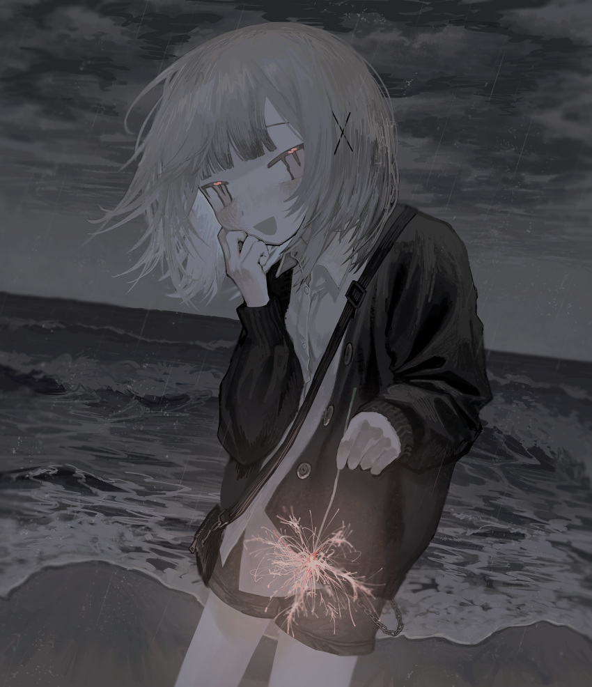 1girl :d absurdres bag beach black_bag black_cardigan black_shorts blunt_bangs blush cardigan cloud collared_shirt commentary_request cowboy_shot dress_shirt fireworks floating_hair giv_81 grey_hair hair_ornament hand_on_own_cheek hand_on_own_face highres holding_fireworks horizon hunched_over ibispaint_(medium) long_sleeves looking_at_viewer making-of_available night ocean open_cardigan open_clothes open_mouth original outdoors overcast rain shirt short_hair short_shorts shorts shoulder_bag sky slit_pupils smile solo sparkler water waves white_shirt x_hair_ornament