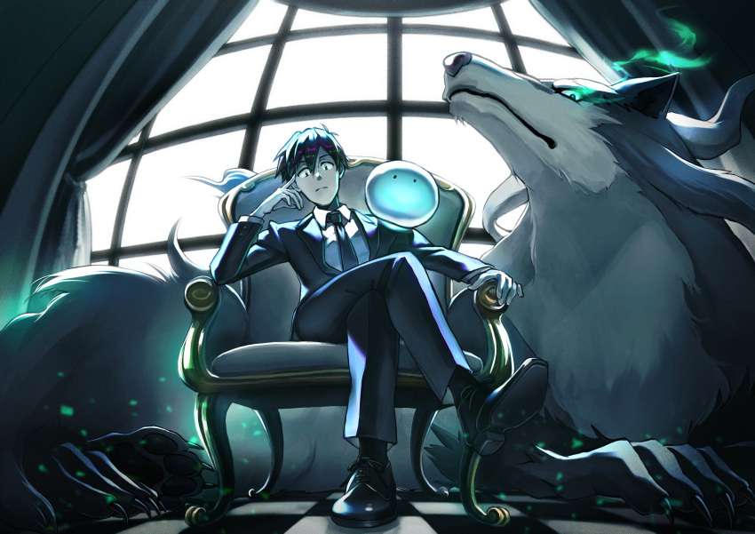 1boy absurdres black_footwear black_hair black_suit collared_shirt feru_(tonsuki) highres indoors long_sleeves mukouda_tsuyoshi shirt shoes short_hair sitting slime_(creature) sui_(tonsuki) suit throne tondemo_skill_de_isekai_hourou_meshi window wolf yappo_(point71)