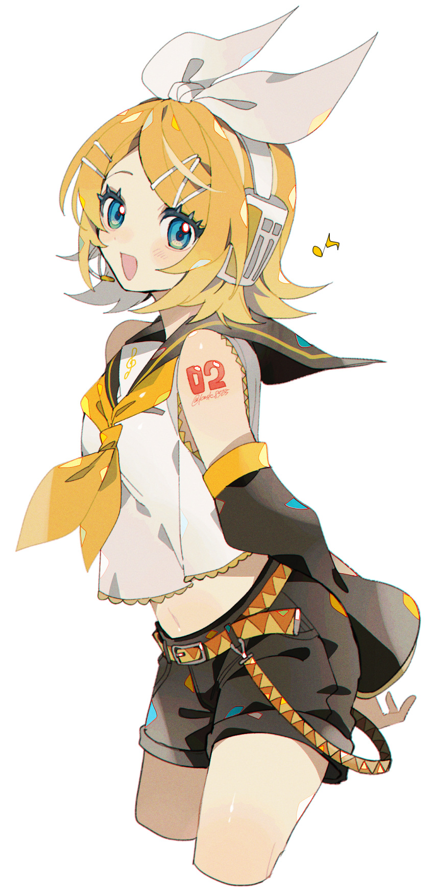 1girl arm_tattoo arms_behind_back black_sailor_collar black_shorts blonde_hair blue_eyes bow detached_sleeves hair_bow hair_ornament hairclip headphones highres kagamine_rin kawasaki_(kwsk_8765) light_blush looking_at_viewer musical_note navel neckerchief number_tattoo open_mouth sailor_collar shirt short_hair shorts simple_background sleeveless sleeveless_shirt smile solo swept_bangs tattoo upper_body vocaloid white_background white_bow white_shirt yellow_neckerchief