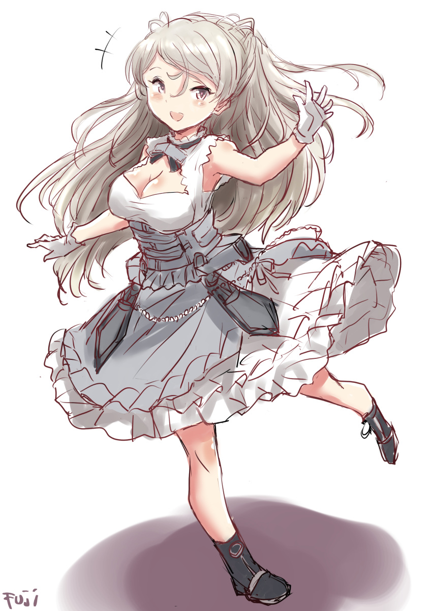 1girl black_footwear breasts brown_eyes cleavage cleavage_cutout clothing_cutout conte_di_cavour_(kancolle) conte_di_cavour_nuovo_(kancolle) dress frilled_dress frills fuji_(pixiv24804665) full_body gloves grey_dress grey_hair highres kantai_collection large_breasts layered_dress long_hair looking_at_viewer open_mouth short_sleeves simple_background smile solo two-tone_dress two_side_up white_background white_dress white_gloves
