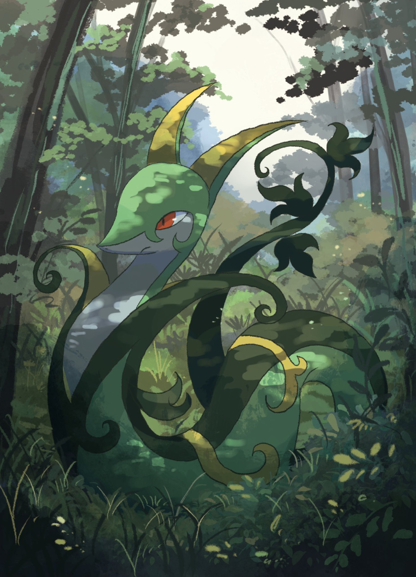 blurry blurry_background colored_skin forest grass green_skin highres nature no_humans outdoors plant pokemon pokemon_(creature) red_eyes serperior snake solo vines volpecorvo