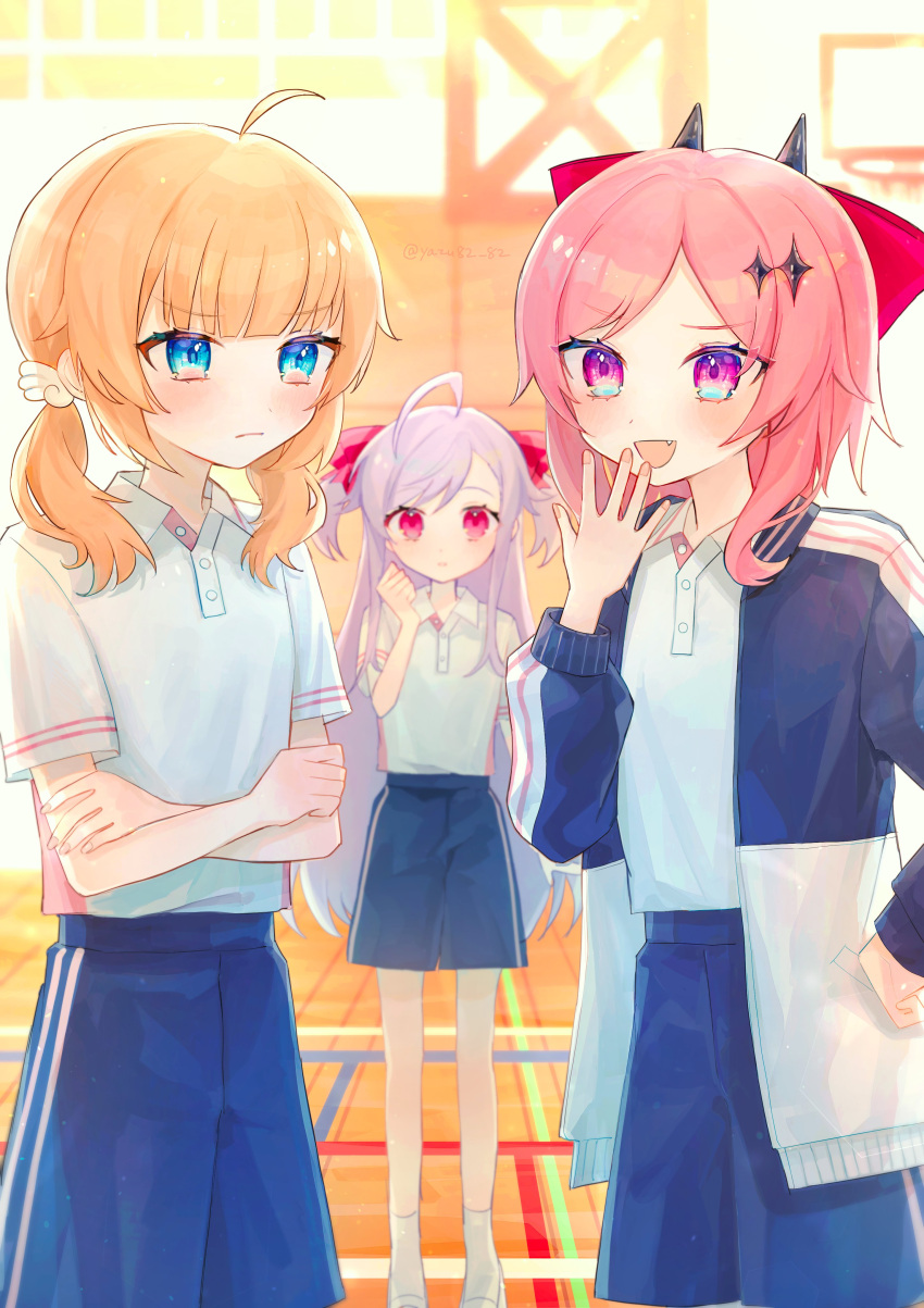 3girls :d absurdres ahoge ankle_socks black_horns blonde_hair blue_eyes blue_shorts blunt_bangs blurry blurry_background blush bow buttons clenched_hand closed_mouth collared_shirt commentary_request crossed_arms demon_horns fang fudeshima_shigure gradient_eyes gym gym_uniform hair_bow hair_ornament hairclip hand_on_own_hip hand_to_own_mouth highres horns jacket long_hair looking_at_another low_twintails medium_hair motosu_towa multicolored_clothes multicolored_eyes multicolored_jacket multiple_girls niizuma_yae open_clothes open_jacket open_mouth parted_lips pink_eyes pink_hair purple_eyes purple_hair shirt shirt_tucked_in short_sleeves shorts sidelocks smile socks star_(symbol) star_hair_ornament swept_bangs track_jacket twintails twitter_username two_side_up v-shaped_eyebrows watermark white_footwear white_shirt white_socks wing_hair_ornament world_dai_star yazu82