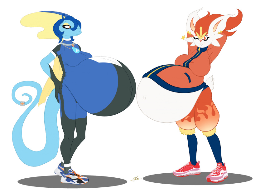 absurd_res anthro belly big_belly big_breasts blackmetaltowonja breasts brooke_(master_valor_mccloud) cinder_(master_valor_mccloud) cinderace clothing duo female footwear generation_8_pokemon hand_on_hip hands_behind_head hi_res huge_belly hyper hyper_pregnancy inteleon nintendo non-mammal_breasts pokemon pokemon_(species) pregnant pregnant_female shoes sneakers