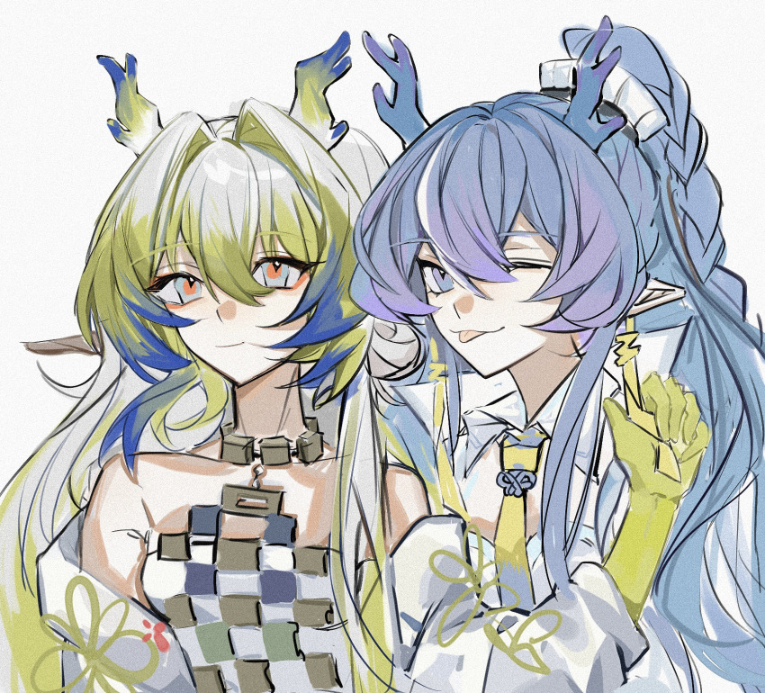 2girls ;p arknights bare_shoulders blonde_hair blue_eyes blue_hair blue_horns chinese_commentary closed_mouth commentary_request dragon_girl dragon_horns eyes_visible_through_hair gradient_hair grey_background grey_eyes grey_hair hair_between_eyes hair_intakes hand_up highres horns jewelry light_smile ling_(arknights) long_hair looking_at_viewer multicolored_hair multiple_girls naideernail necklace off_shoulder one_eye_closed pointy_ears purple_hair shu_(arknights) simple_background sketch tongue tongue_out upper_body yellow_horns