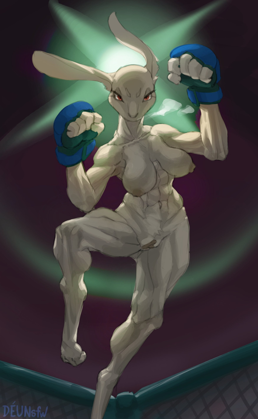 2022 5_fingers abs absurd_res angry anthro artist_name blue_boxing_gloves blue_clothing blue_handwear boxing_gloves breasts breath breathing brown_nipples brown_pussy clothing colored deu digital_media_(artwork) eyebrows eyelashes feet female fighting_pose fighting_ring fingers fur genitals handwear hi_res lagomorph leporid light lighting looking_at_viewer low-angle_view mammal muscular muscular_anthro muscular_female muscular_thighs navel nipples nude pose pussy rabbit rabbit_ears red_eyes solo text white_body white_fur white_sclera