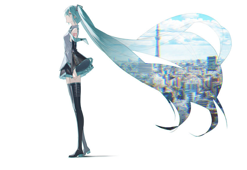 1girl absurdres black_footwear black_skirt black_sleeves blue_hair blue_sky boots cityscape cloud cloudy_sky detached_sleeves double_exposure from_side hair_ornament hatsune_miku highres long_hair number_tattoo oneselt puffy_sleeves shirt skirt sky sleeveless sleeveless_shirt solo standing sumida_(tokyo) tattoo thigh_boots tokyo_(city) tokyo_skytree twintails very_long_hair vocaloid white_background white_shirt