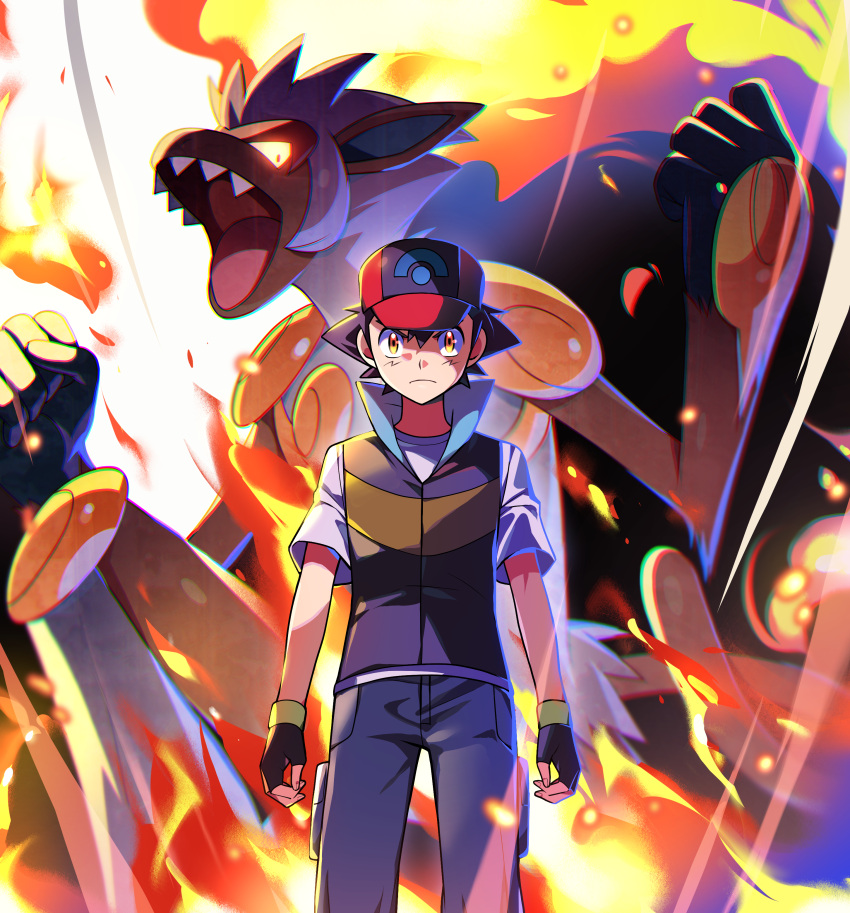 1boy absurdres ash_ketchum baseball_cap black_vest closed_mouth commentary_request cowboy_shot fiery_hair fingerless_gloves fire frown gloves glowing glowing_eyes hat highres infernape jacket long_sleeves male_focus monkey pants pokemon pokemon_(anime) pokemon_(creature) pokemon_dppt_(anime) red_hat shirt short_hair short_sleeves tuze111 vest white_shirt