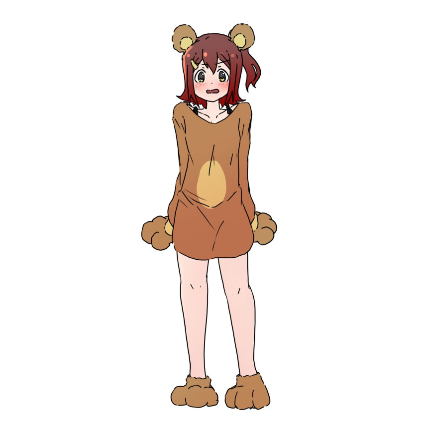 1girl animal_costume animal_ears animal_hands bare_legs bear_costume bear_ears blush brown_dress brown_footwear brown_gloves brown_hair collarbone commentary dot_nose dress embarrassed fake_animal_ears full_body gloves hair_between_eyes hair_ornament hairclip highres idolmaster idolmaster_million_live! kasuga_mirai kelvin1996c long_sleeves looking_at_viewer medium_hair open_mouth paw_gloves paw_shoes side_ponytail sidelocks solo standing thighs v-shaped_eyebrows white_background yellow_eyes