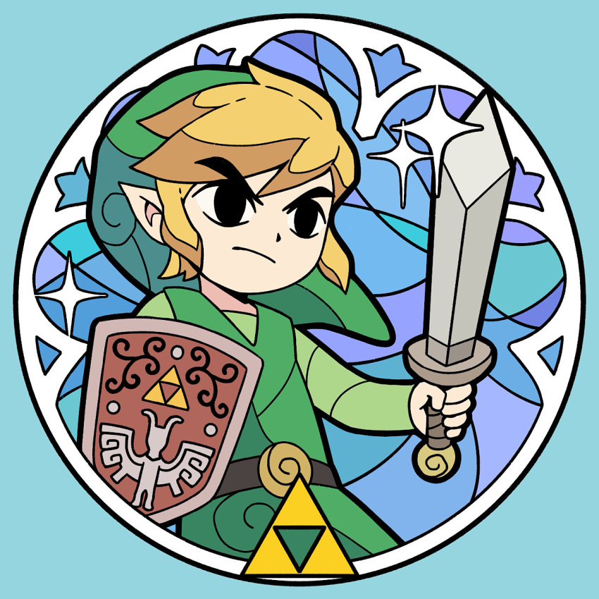 2024 blonde_hair clothing elf hair hat headgear headwear hi_res holding_object holding_sword holding_weapon humanoid humanoid_pointy_ears hylian light_body light_skin male melee_weapon nintendo not_furry rutiwa shield shirt solo sword the_legend_of_zelda toon_link topwear triforce tunic weapon wind_waker