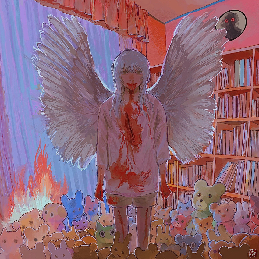 1other androgynous angel angel_wings blood blood_from_mouth blood_on_hands bookshelf commentary cowboy_shot cryborg curtains english_commentary feathered_wings fire grey_hair highres horror_(theme) indoors injury long_hair looking_at_viewer nosebleed original shirt shorts signature smile solo standing straight-on stuffed_animal stuffed_cat stuffed_rabbit stuffed_toy teddy_bear white_shirt wings