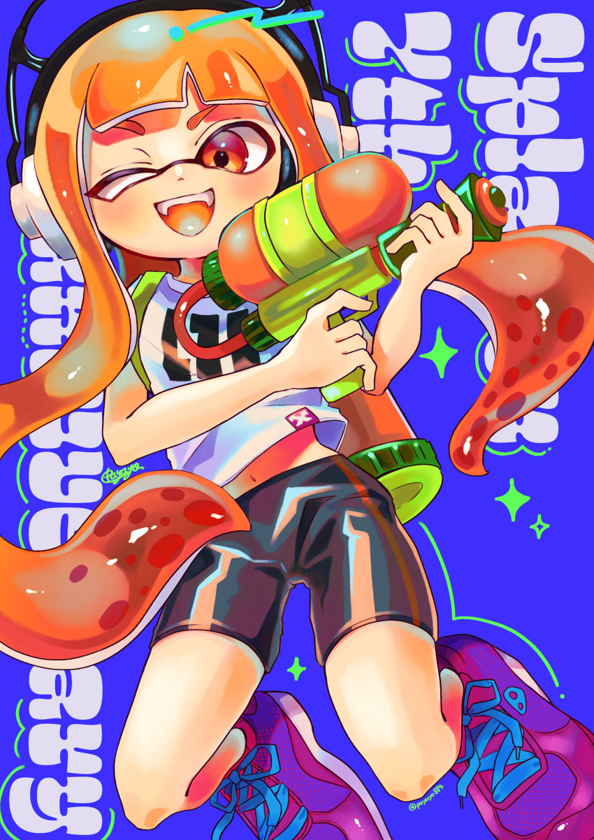 1girl ;d absurdres bike_shorts black_shorts blue_background fangs headphones highres holding ink_tank_(splatoon) inkling inkling_girl inkling_player_character long_hair navel one_eye_closed open_mouth orange_eyes orange_hair payayo884 pink_footwear shirt shoelaces shoes shorts smile sneakers solo splatoon_(series) splatoon_1 splattershot_(splatoon) super_soaker t-shirt teeth tentacle_hair twitter_username upper_teeth_only very_long_hair white_shirt