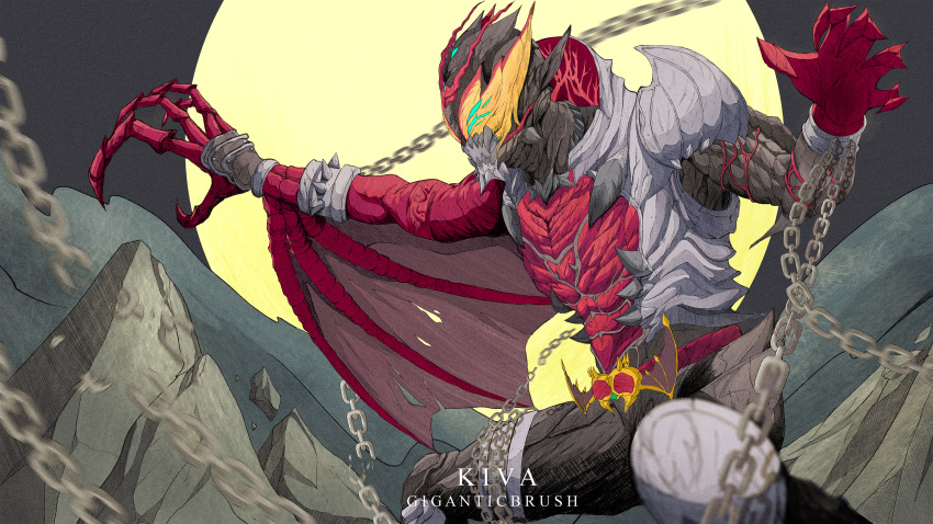 1boy absurdres armor asymmetrical_arms bat_wings belt bodysuit bound cape chain character_name full_armor full_moon giganticbrush gloves helmet highres kamen_rider kamen_rider_kiva kamen_rider_kiva_(series) kivat-bat_iii male_focus monsterification moon red_armor tokusatsu vampire wings