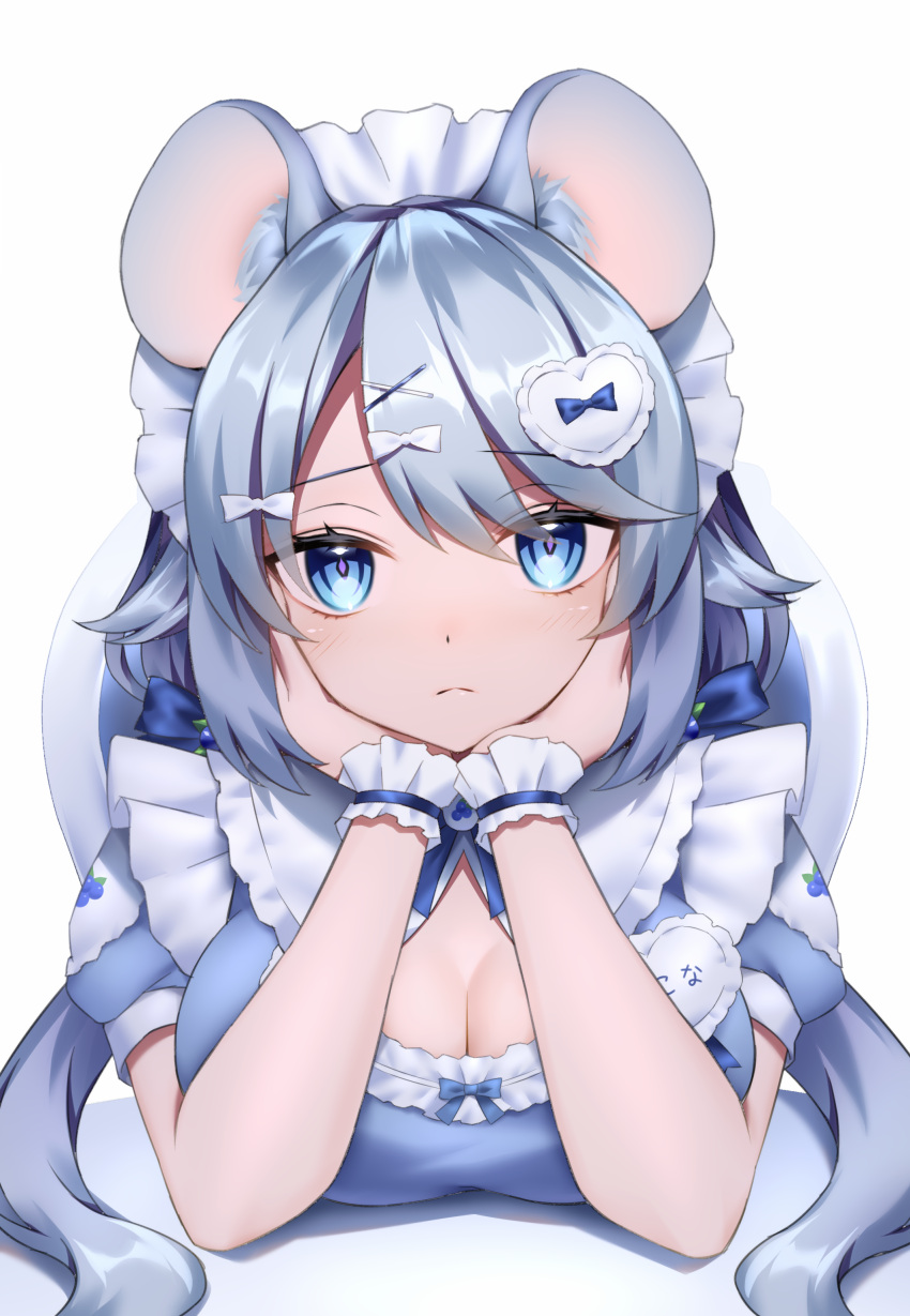 1girl absurdres aimai_mocona animal_ear_fluff animal_ears blue_eyes bow breasts chair cleavage cleavage_cutout clothing_cutout commentary_request elbows_on_table grey_hair hair_bow hair_ornament hairclip hairpin hands_on_own_cheeks hands_on_own_face heart-shaped_ornament highres large_breasts long_hair looking_at_viewer maid maid_headdress mouse_ears multiple_hairpins neit_ni_sei original sitting solo table upper_body virtual_youtuber white_background wrist_cuffs