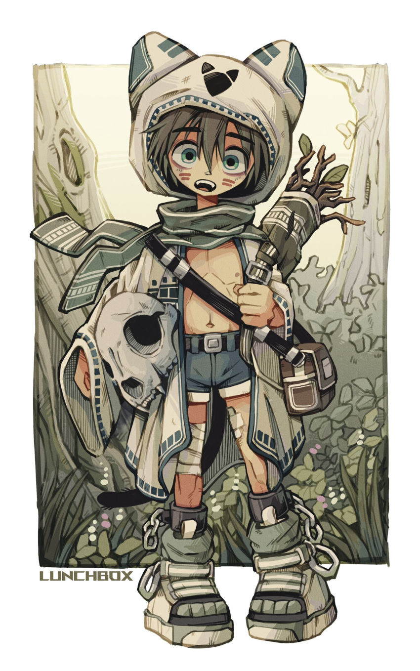 1boy animal_ears animal_skull artist_name bag belt blue_eyes boots brown_hair child commentary duffel_bag fake_animal_ears full_body highres hood jacket long_sleeves looking_at_viewer lunchbox_(illillilliiliil) male_focus navel nipples open_mouth original outdoors robe scarf shorts solo standing symbol-only_commentary teeth topless_male upper_teeth_only