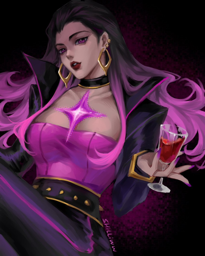 1girl artist_name black_collar black_hair black_jacket black_pants breasts chinese_commentary collar collarbone cup dark-skinned_female dark_skin earrings gradient_hair high-waist_pants highres holding holding_cup jacket jewelry medium_breasts multicolored_hair pants parted_lips purple_eyes purple_hair purple_shirt red_lips reyna_(valorant) shirt solo strapless strapless_shirt valorant wan_wan