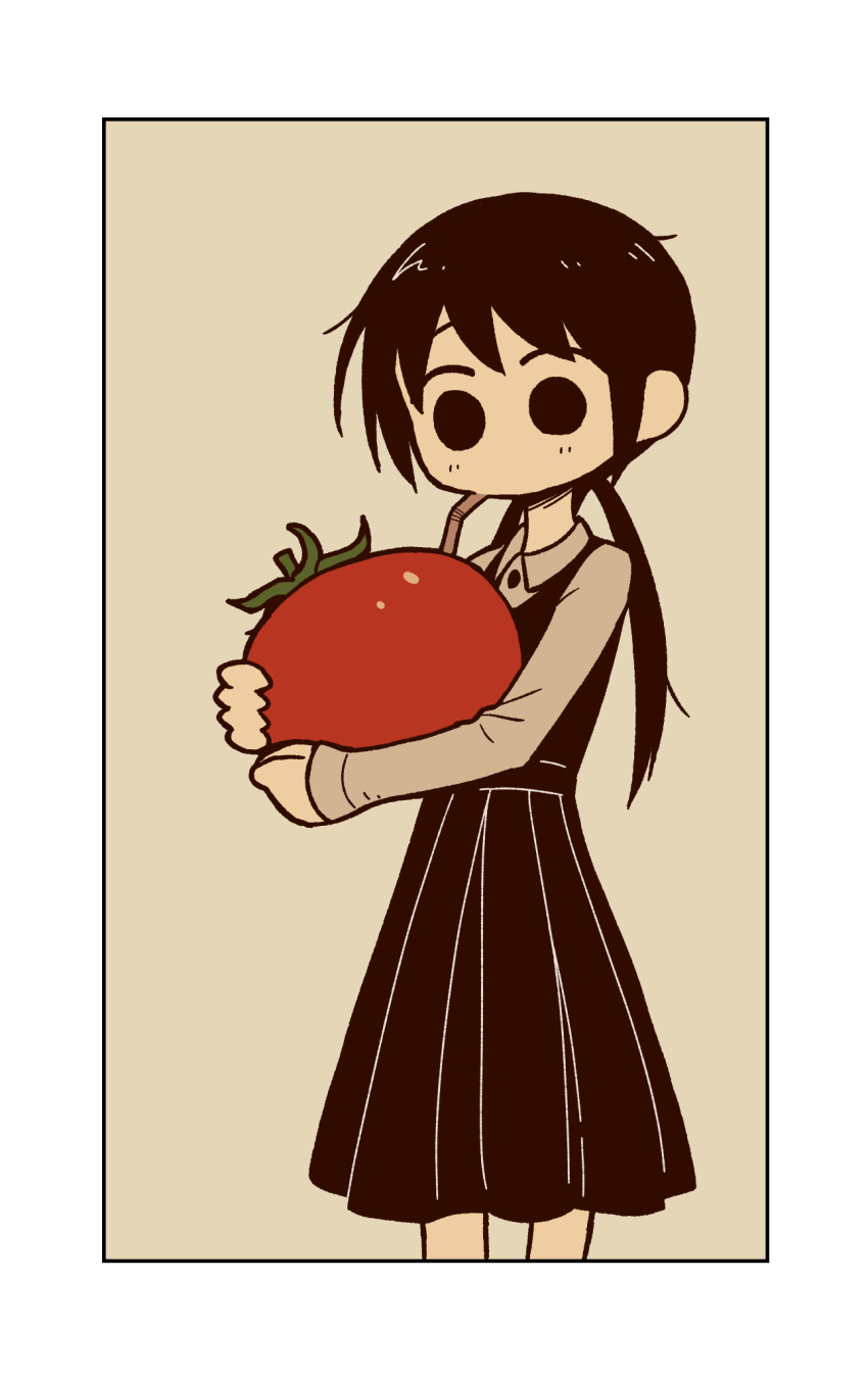 1girl black_border black_dress black_eyes black_hair border collared_shirt cowboy_shot dress drinking_straw food highres holding holding_food long_hair long_sleeves low_twintails original oversized_food oversized_object pinafore_dress pleated_dress shirt simple_background sleeveless sleeveless_dress solo takurada tomato twintails white_shirt