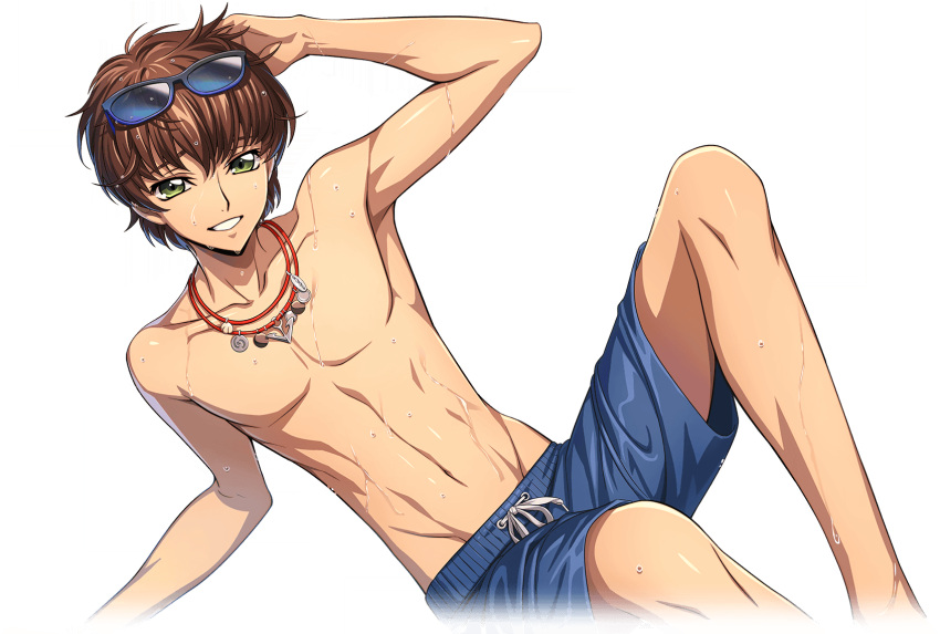 1boy arm_support arm_up armpits artist_request blue-framed_eyewear blue-tinted_eyewear blue_male_swimwear brown_hair code_geass code_geass:_lost_stories collarbone cropped_legs drawstring eyewear_on_head game_cg green_eyes grin half-closed_eyes hand_on_own_head happy highres knees_up kururugi_suzaku leaning_back looking_at_viewer male_focus male_swimwear multiple_necklaces navel non-web_source official_art pectorals short_hair sidelocks simple_background sitting smile solo stomach sunglasses swim_trunks teeth tinted_eyewear toned topless_male transparent_background wet