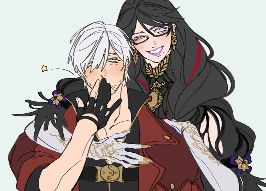 1boy 1girl bayonetta bayonetta_(series) bayonetta_3 bishounen black_hair blue_eyes braid coat crossover dante_(devil_may_cry) devil_may_cry_(series) devil_may_cry_4 earrings eyeshadow facial_hair fingerless_gloves glasses gloves hair_over_one_eye jewelry lipstick long_hair looking_at_viewer makeup male_focus mole mole_under_mouth mont_spark multicolored_hair red_coat simple_background smile star_(symbol) trench_coat twin_braids white_hair