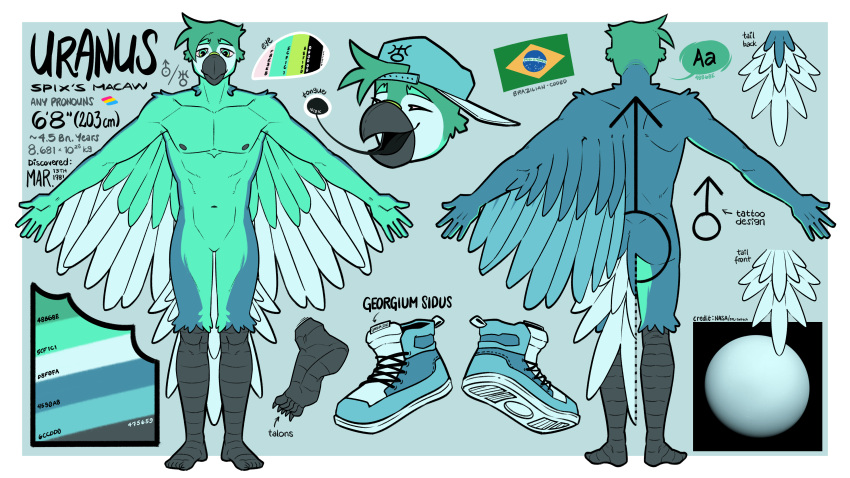 16:9 4k 5_fingers absurd_res anthro astrological_symbol astronomical_symbol avian beak biped bird brazilian_flag clothing color_swatch english_text eyebrows feathered_wings feathers fingers green_body hat headgear headwear hi_res lgbt_pride macaw male model_sheet neotropical_parrot nonbinary_(lore) pansexual_pride_colors parrot planet_symbol pride_colors solar_house solo spix's_macaw text true_parrot uranus_(solar_house) vanadiumvalor widescreen wings