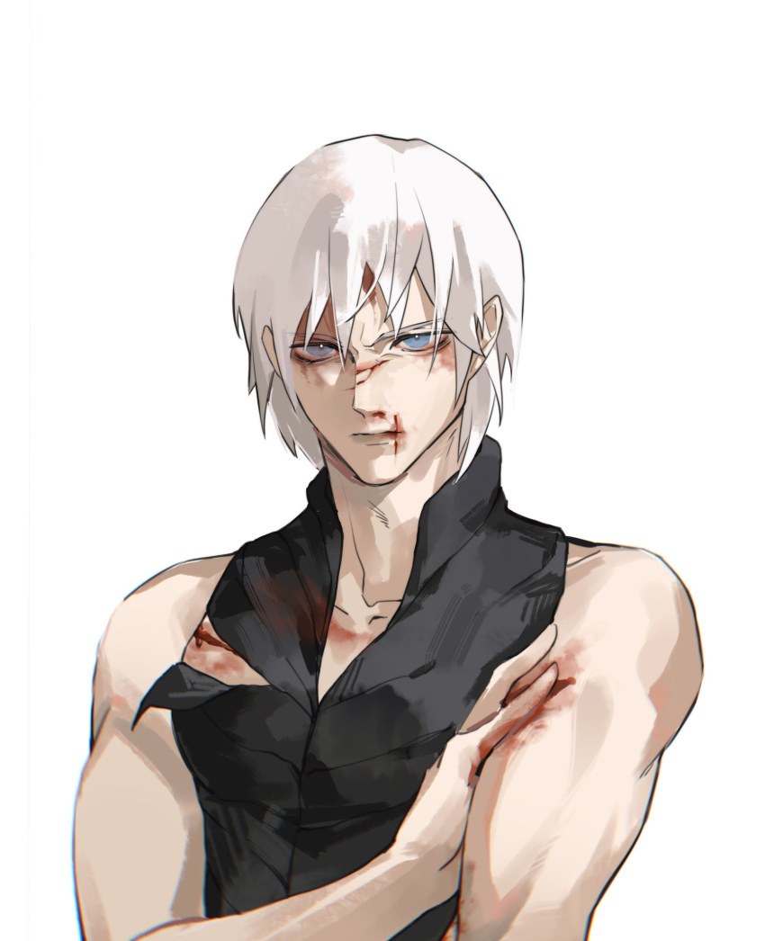 1boy bare_shoulders black_tank_top blood blood_on_face blue_eyes closed_mouth devil_may_cry_(series) devil_may_cry_3 hair_down highres looking_at_viewer lucistomato male_focus scar sleeveless solo tank_top vergil_(devil_may_cry) white_hair