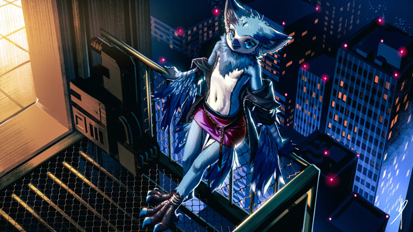 16:9 2022 4_toes absurd_res anisodactyl anthro avian avian_feet balcony beak belt bird blaedic blue_body blue_claws blue_eyes blue_feathers blue_tongue bottomwear building city claws clothed clothing crossdressing detailed_background feathers feet front_view girly hean hi_res high-angle_view high_place holding_railing jacket leaning leaning_backward looking_at_viewer looking_up male male_anthro miniskirt navel neck_tuft night northern_white-faced_owl off_shoulder open_beak open_clothing open_jacket open_mouth open_topwear outside owl purple_beak purple_bottomwear purple_clothing purple_skirt railing skirt skyscraper solo standing tail tail_feathers toes tongue topwear true_owl tuft unzipped white-faced_owl widescreen winged_arms wings zipper