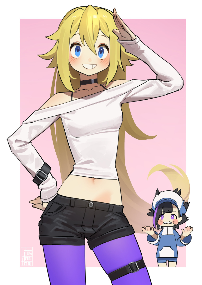 2girls absurdres black_hair blonde_hair blue_eyes character_request choker collarbone grin highres long_hair looking_at_viewer midriff multicolored_hair multiple_girls original pantyhose_under_shorts purple_eyes purple_hair salute shirt shorts sirena_(tostantan) smile streaked_hair tostantan two-tone_hair very_long_hair white_shirt