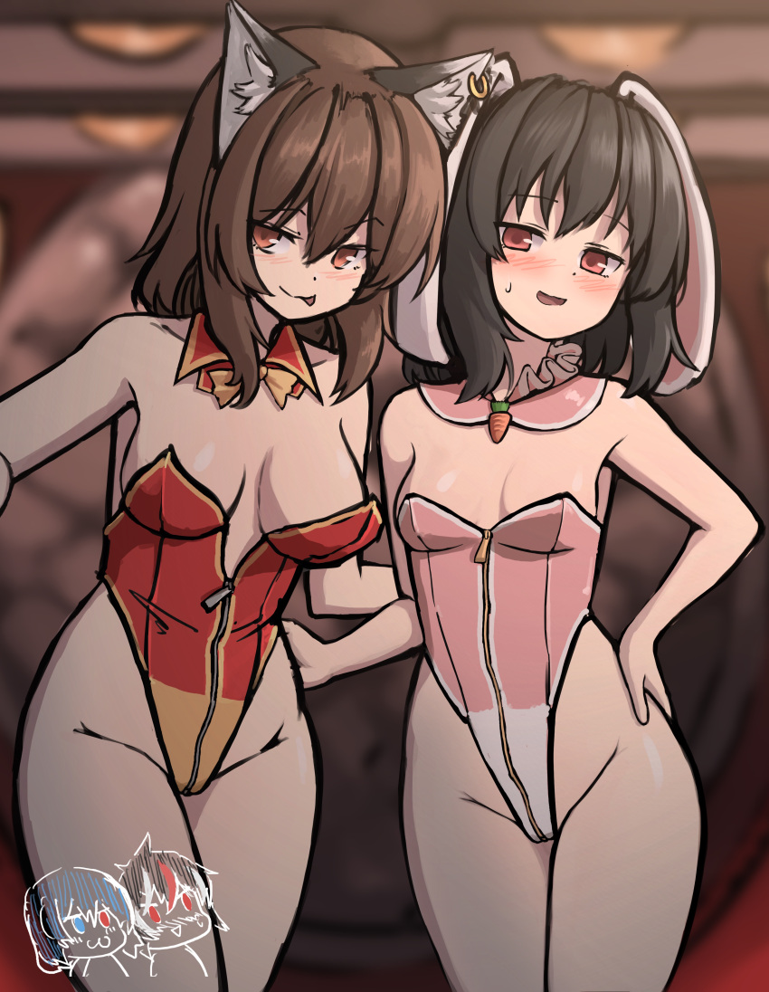 2girls :3 :p absurdres allcy49 animal_ear_piercing animal_ears bare_arms bare_shoulders black_hair blurry blurry_background blush brown_eyes brown_hair cat_ears chen commentary_request cowboy_shot earrings floppy_ears groin hand_on_own_hip highres inaba_tewi jewelry kijin_seija leotard medium_hair multiple_girls no_headwear rabbit_ears single_earring tatara_kogasa tongue tongue_out touhou zipper zipper_pull_tab