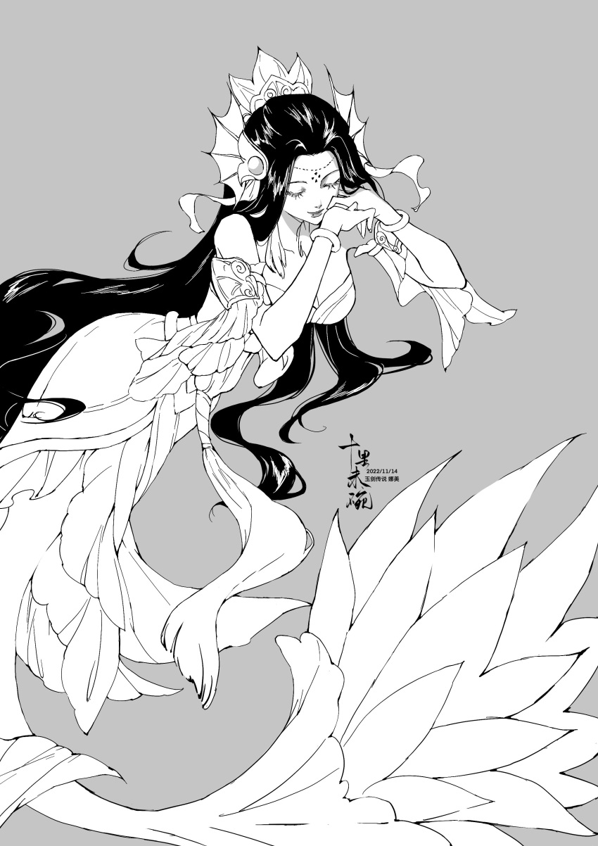 1girl absurdres bracelet breasts chinese_clothes cleavage closed_eyes collarbone detached_sleeves facial_mark fins forehead_mark grey_background greyscale head_fins highres jewelry league_of_legends leaning_to_the_side long_hair medium_breasts mermaid monochrome monster_girl nami_(league_of_legends) parted_bangs short_sleeves smile solo very_long_hair wan_wan