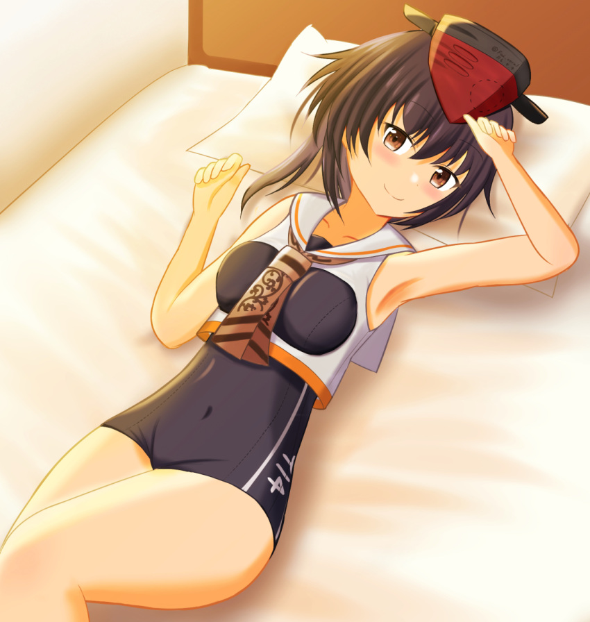 1girl armpits asymmetrical_hair bed bed_sheet bedroom black_hair black_one-piece_swimsuit blush breast_cutout breasts brown_eyes brown_neckerchief character_name clothes_writing commentary_request fai_(fai_coral) framed_breasts hair_between_eyes hat highres i-14_(kancolle) indoors kantai_collection looking_at_viewer lying neckerchief on_bed one-piece_swimsuit pillow sailor_collar school_swimsuit shirt short_hair sleeveless sleeveless_shirt small_breasts smile solo swimsuit swimsuit_under_clothes white_sailor_collar white_shirt