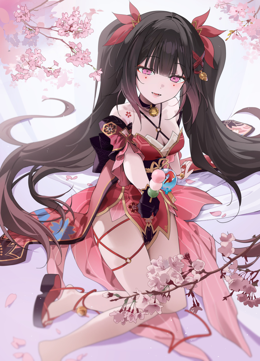 1girl absurdres bell black_choker black_footwear black_hair breasts butterfly-shaped_pupils cherry_blossoms chii_(chiiriring) choker cleavage commentary_request cross-laced_clothes cross-laced_dress dango detached_sleeves dress food hair_ornament highres holding holding_food honkai:_star_rail honkai_(series) long_hair medium_breasts mole mole_under_each_eye mole_under_eye multiple_moles neck_bell open_mouth pink_eyes red_dress sandals sitting smile solo sparkle_(honkai:_star_rail) symbol-shaped_pupils twintails very_long_hair wagashi wide_sleeves yokozuwari zouri