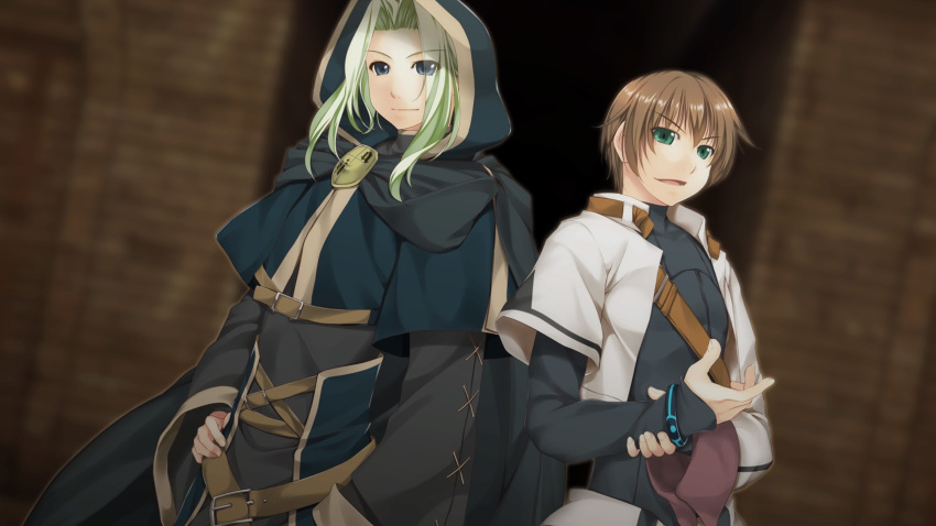 2boys alto_travers atelier-moo belt blue_eyes blurry blurry_background bracelet brown_hair cloak closed_mouth cowboy_shot curtained_hair dungeon green_eyes green_hair hair_between_eyes hand_on_own_arm hand_on_own_hip highres hood hood_up hooded_jacket jacket jewelry long_sleeves looking_at_viewer merak_yildis multiple_boys narrow_waist open_mouth short_hair smile smug standing v-shaped_eyebrows wizards_symphony