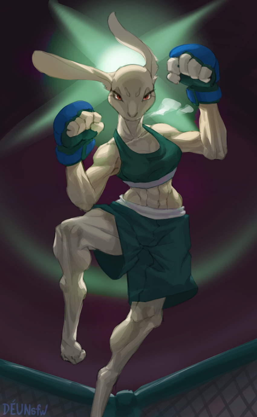 2022 5_fingers abs absurd_res angry anthro artist_name blue_boxing_gloves blue_clothing blue_handwear bottomwear boxing_gloves breath breathing clothed clothing colored deu digital_media_(artwork) eyebrows eyelashes feet female fighting_pose fighting_ring fingers fur green_bottomwear green_clothing green_topwear handwear hi_res lagomorph leporid light lighting looking_at_viewer low-angle_view mammal muscular muscular_anthro muscular_female muscular_thighs pose rabbit rabbit_ears red_eyes solo text topwear white_body white_fur white_sclera