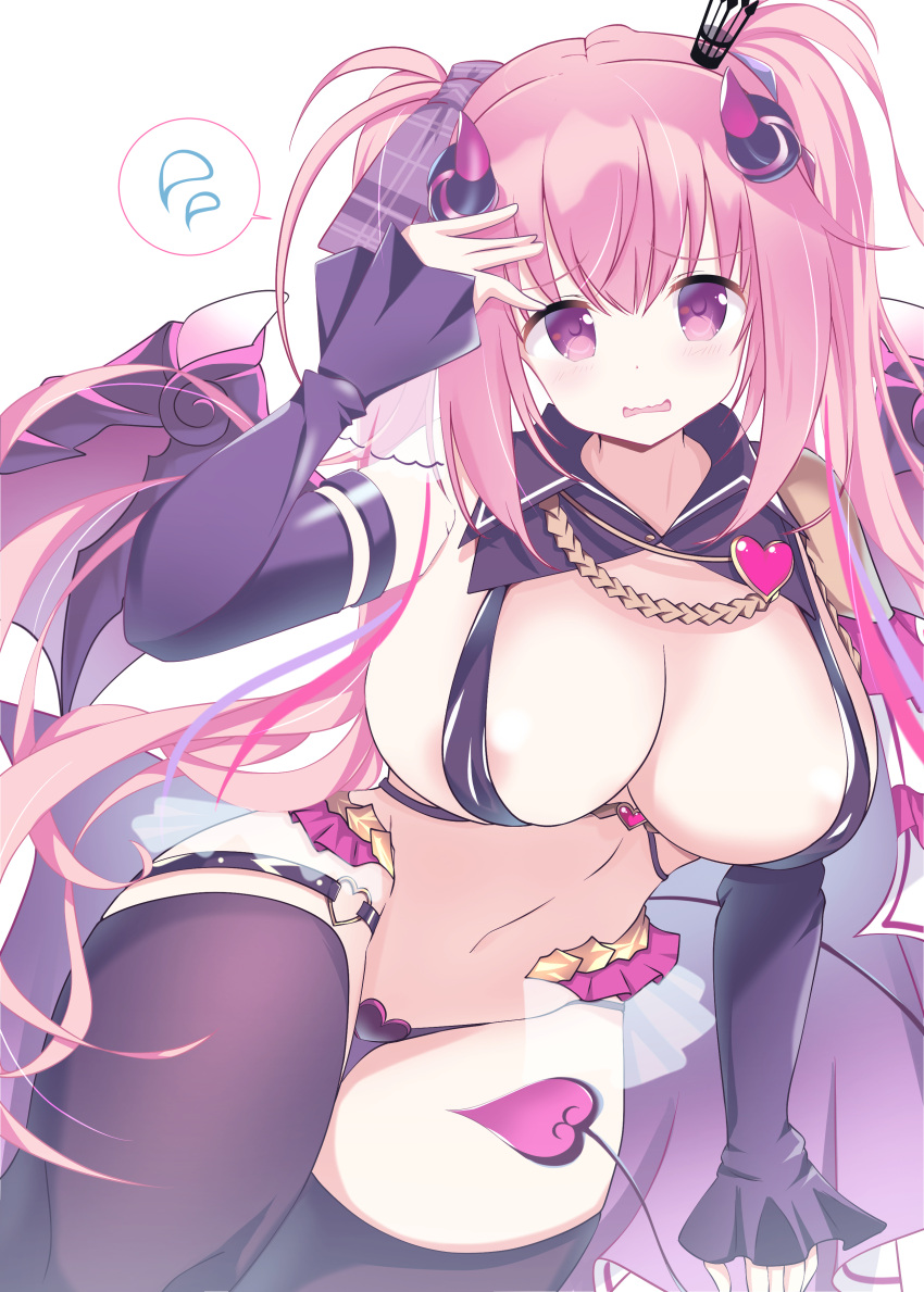 1girl \||/ absurdres anneliese areola_slip arm_at_side bare_shoulders black_panties black_thighhighs blush breasts cleavage commentary_request cowboy_shot crown curled_horns curvy demon_girl demon_horns demon_tail demon_wings detached_collar detached_sleeves floating_hair frown furrowed_brow hair_ribbon hand_up heart heart-shaped_ornament heart_o-ring highres horns huge_breasts kimagure_temptation long_hair looking_at_viewer midriff mini_crown navel o-ring o-ring_thigh_strap open_mouth panties pink_eyes pink_hair ribbon simple_background sleeves_past_wrists solo speech_bubble spoken_sweatdrop sukonbu385 sweatdrop tail thick_thighs thigh_gap thigh_strap thighhighs thighs twintails underwear very_long_hair wavy_mouth white_background wide_hips wings